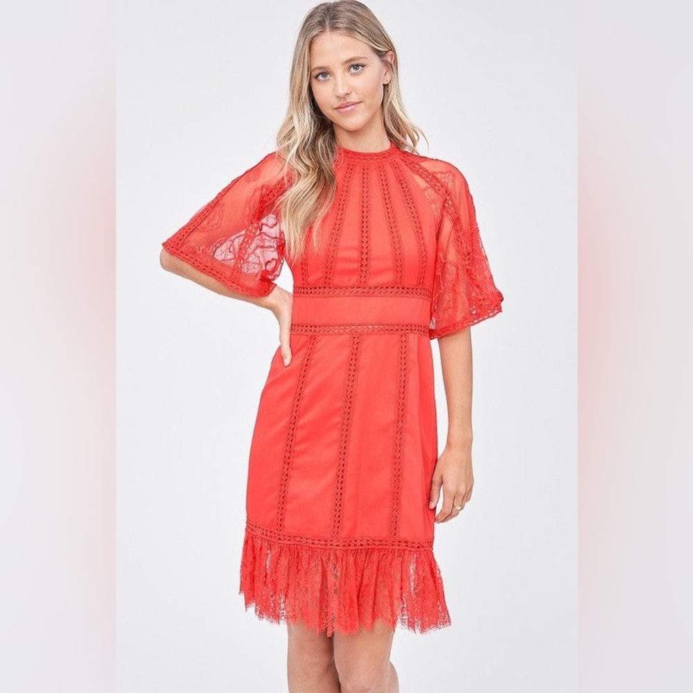 Lace Panel Flutter Sleeve Dress - Tomato Red